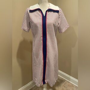 Vintage 1970s Polka Dot Dress by Tribute Polyester Full Front Zip Red White Blue